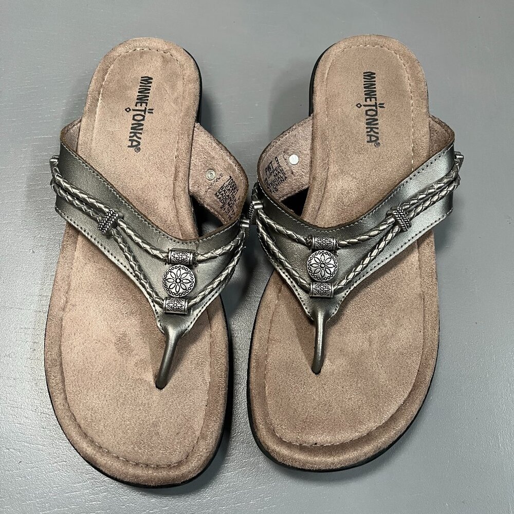 Minnetonka Silverthorne Pewter Leather Flip‎ Flop Thong Sandals Cushion Size 9